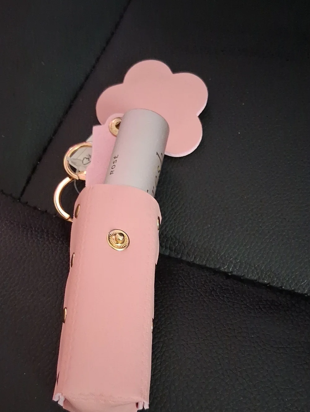 Pink Leatherette Lipstick Holder Keychain with Flower Mirror